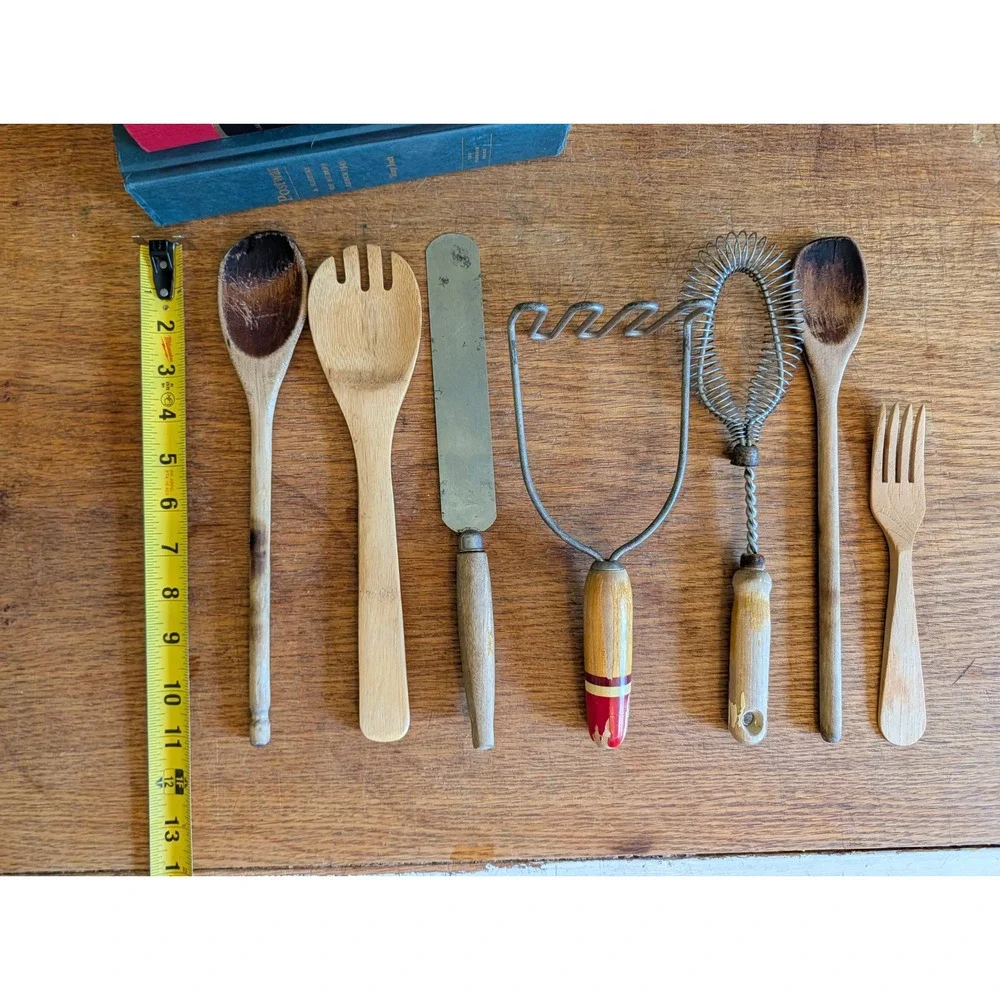 Vintage Kitchen Utensil Lot Wood Spoons Potato Masher Whisk Farmhouse Decor 7pc
